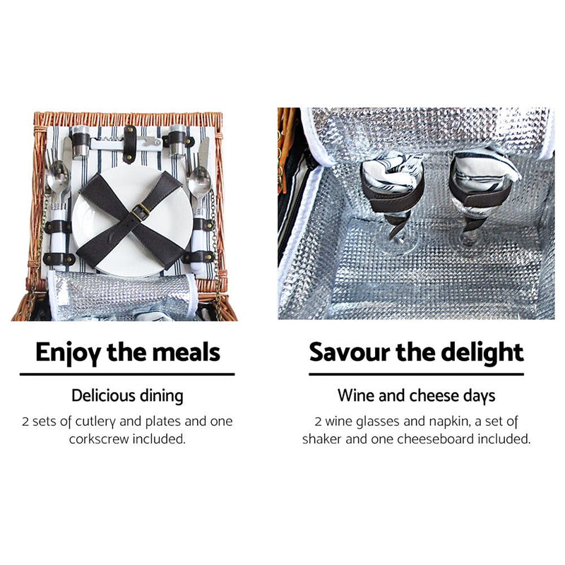Alfresco 2 Person Picnic Basket Set Vintage Outdoor Baskets Insulated Blanket - Decor Delight Aus