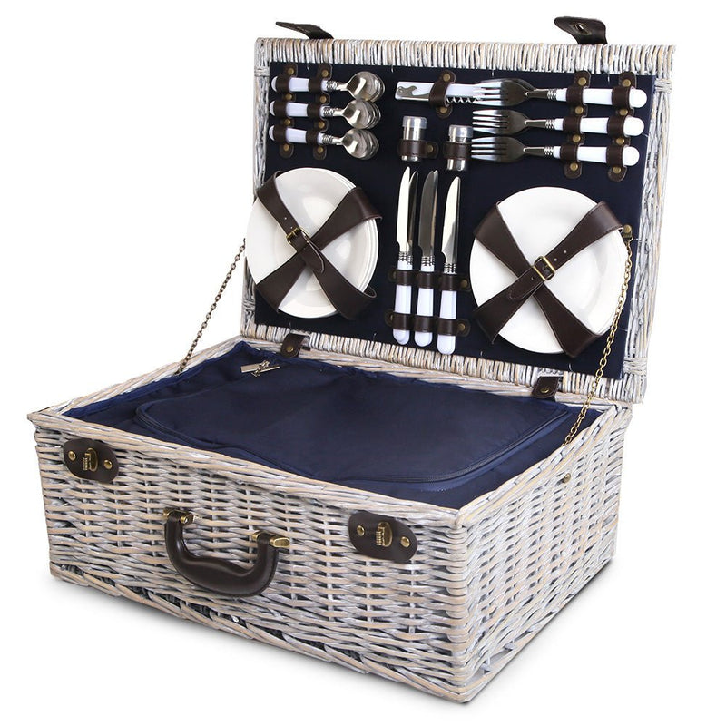Alfresco 6 Person Picnic Basket Set Cooler Bag Insulated Blanket Plates Navy - Decor Delight Aus