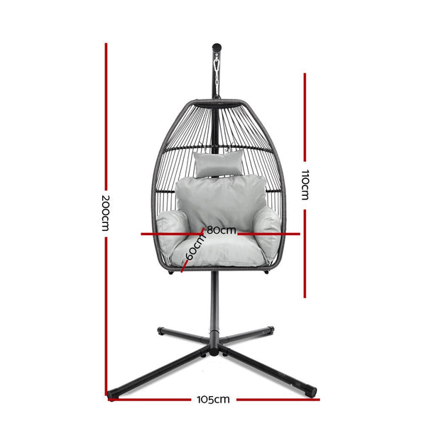 Gardeon Outdoor Egg Swing Chair Wicker Rope Furniture Pod Stand Cushion Grey - Decor Delight Aus