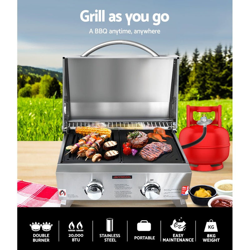 Grillz Portable Gas BBQ Grill 2 Burners with Double Sided Plate - Decor Delight Aus