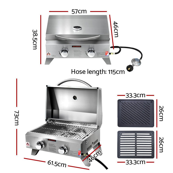 Grillz Portable Gas BBQ Grill 2 Burners with Double Sided Plate - Decor Delight Aus
