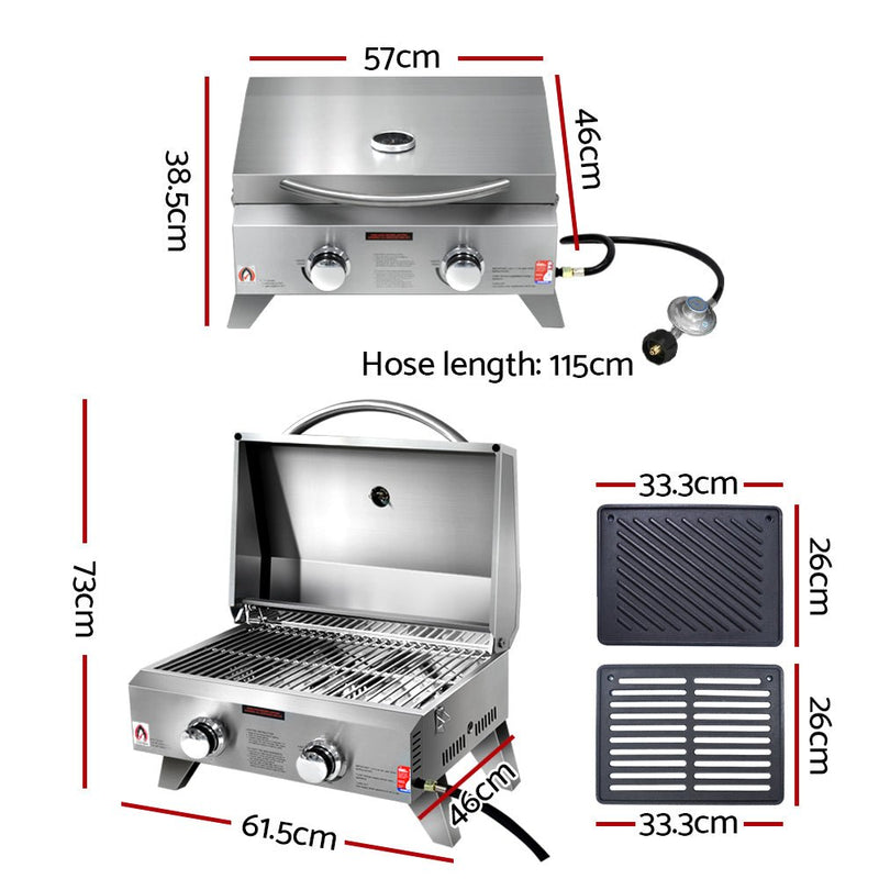 Grillz Portable Gas BBQ Grill 2 Burners with Double Sided Plate - Decor Delight Aus