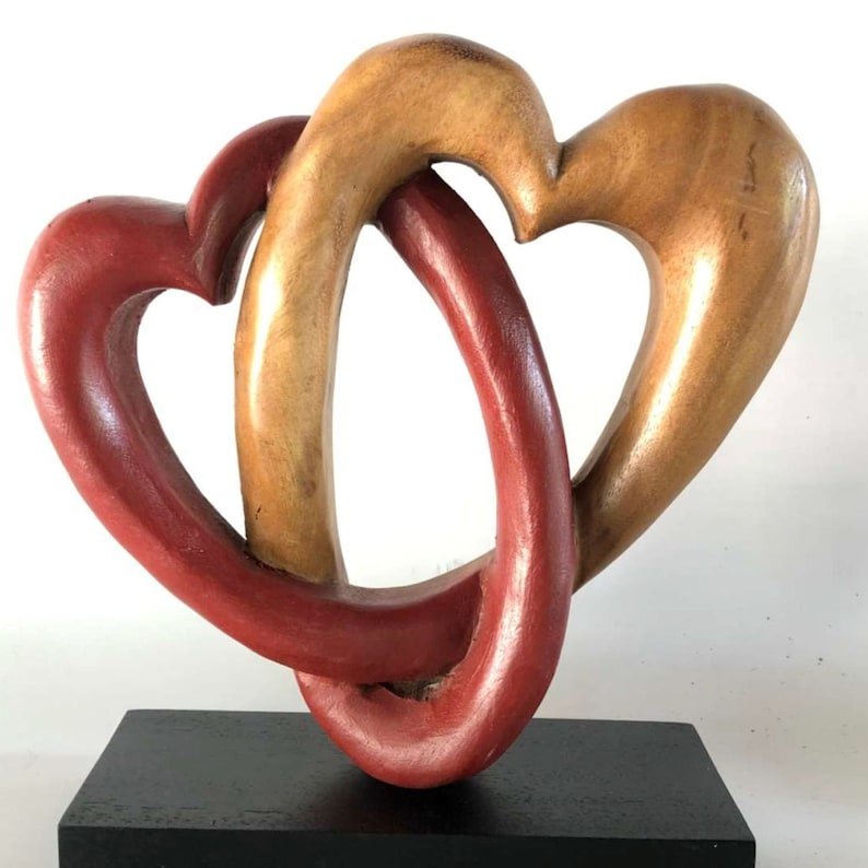 Heart Love Wood Carving Wood Sculpture Acacia Wooden Statue Heart in red 22cm - Decor Delight Aus
