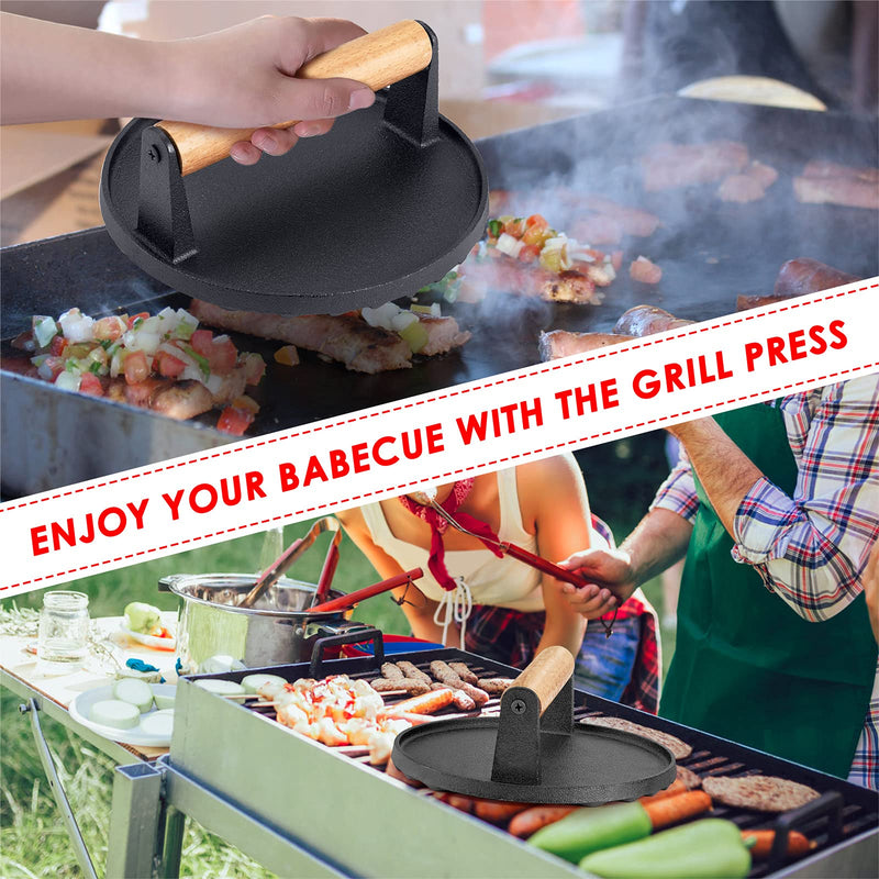 Heavy Duty Round Cast Iron Grill Burger Press Pre - Seasoned Steak Griddle BBQ Grilling - Decor Delight Aus