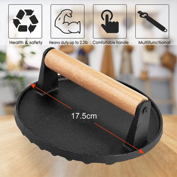 Heavy Duty Round Cast Iron Grill Burger Press Pre - Seasoned Steak Griddle BBQ Grilling - Decor Delight Aus