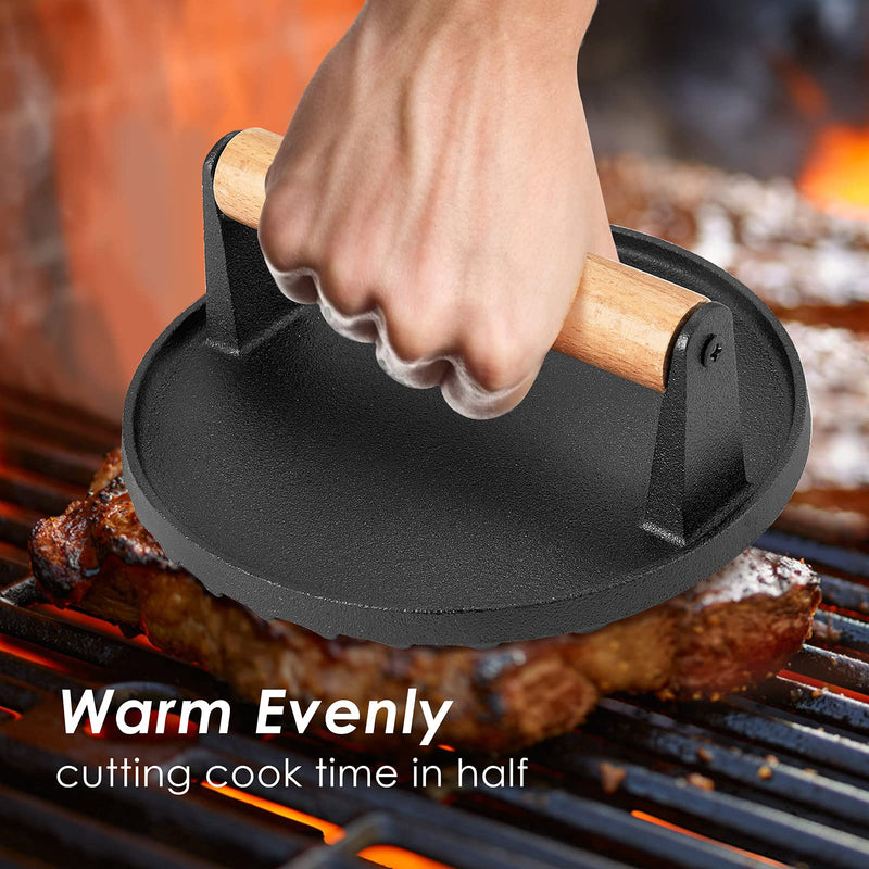 Heavy Duty Round / Rectangle Cast Iron Grill Burger Press Pre - Seasoned Steak Griddle BBQ Grilling - Decor Delight Aus