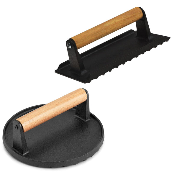 Heavy Duty Round / Rectangle Cast Iron Grill Burger Press Pre - Seasoned Steak Griddle BBQ Grilling - Decor Delight Aus