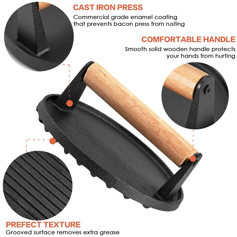 Heavy Duty Round / Rectangle Cast Iron Grill Burger Press Pre - Seasoned Steak Griddle BBQ Grilling - Decor Delight Aus