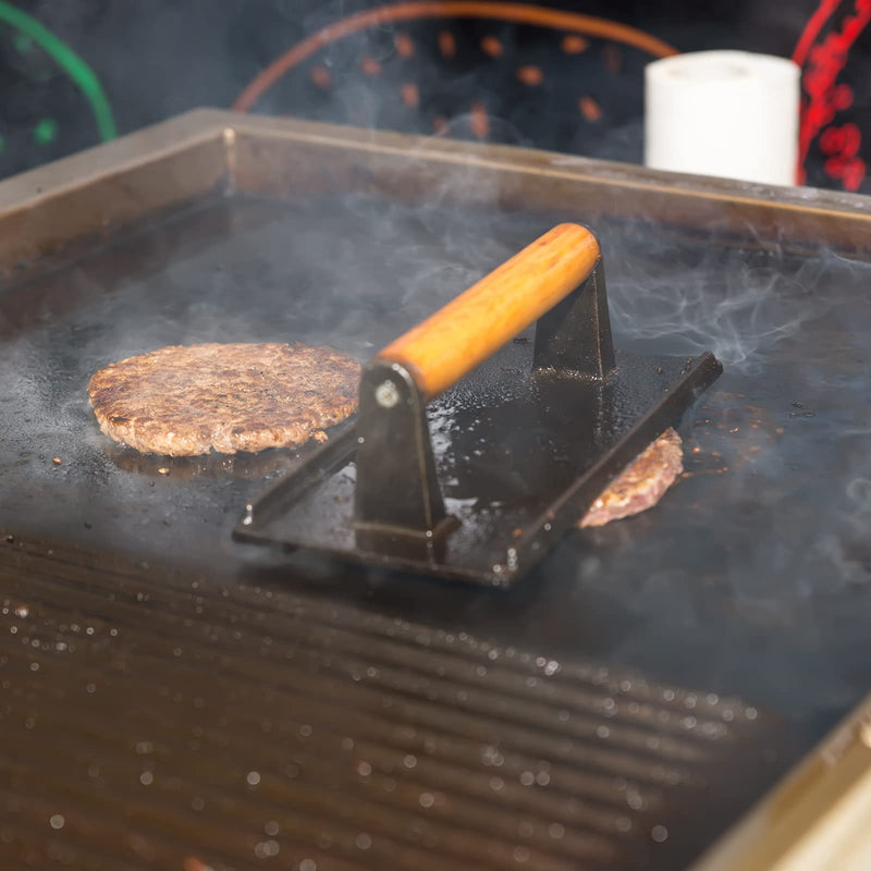 Heavy Duty Round / Rectangle Cast Iron Grill Burger Press Pre - Seasoned Steak Griddle BBQ Grilling - Decor Delight Aus