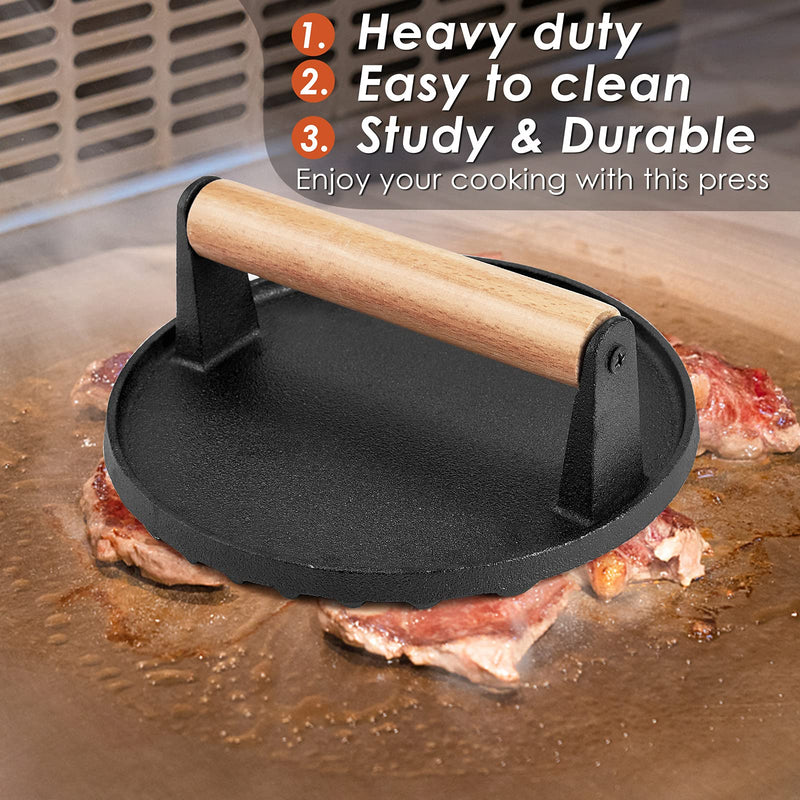 Heavy Duty Round / Rectangle Cast Iron Grill Burger Press Pre - Seasoned Steak Griddle BBQ Grilling - Decor Delight Aus