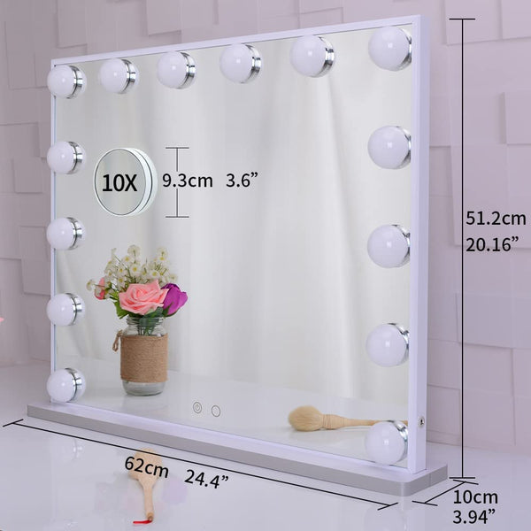 Hollywood Makeup Vanity Mirror with LED Lights and Detachable 10X Magnification Mirror (White, 62 x 51 cm) - Decor Delight Aus