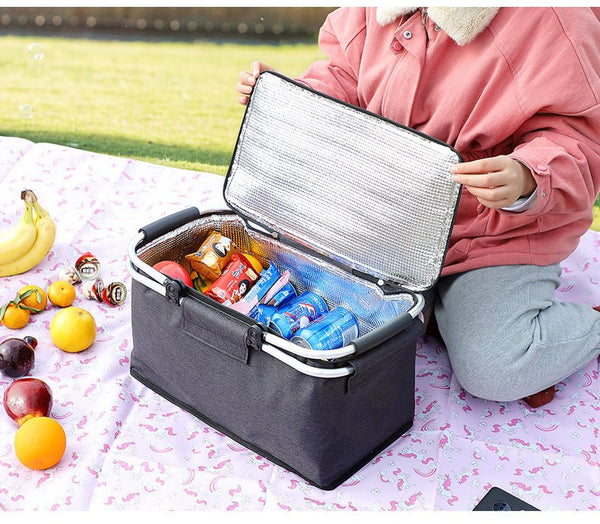 Insulated Picnic Basket with Aluminum Frame - Portable Collapsible Cooler Bag 18L 40*20*23cm(Yellow plaid) - Decor Delight Aus
