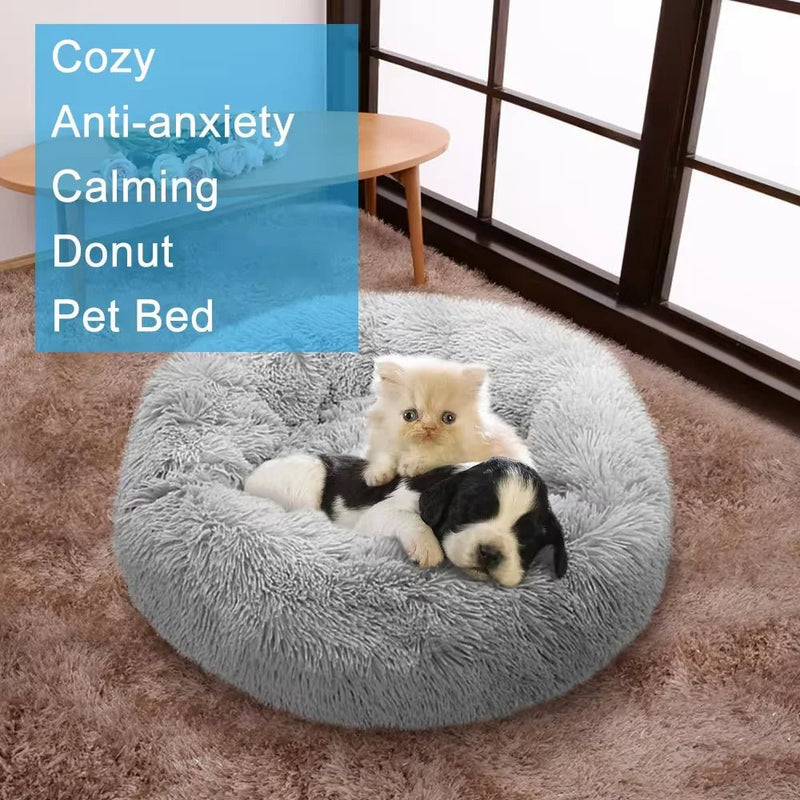 Medium - 50cm peach PawfectFriend Dog Pet Cat Calming Bed Plush Beds Large Fluffy Donut Comfy Cushion Puppy Mat - Decor Delight Aus