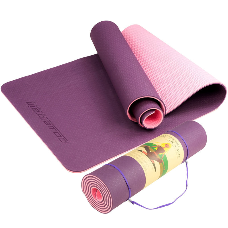 Powertrain Eco - friendly Dual Layer 8mm Yoga Mat | Purple | Non - slip Surface And Carry Strap For Ultimate Comfort And Portability - Decor Delight Aus