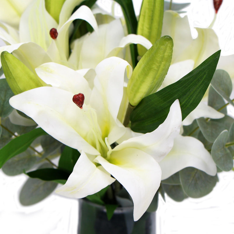 Premium Faux White Lily In Glass Vase (Tiger Lily Bouquet With Eucalyptus) - Decor Delight Aus